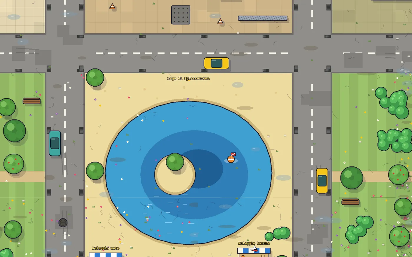 Il Lago di SplatterTown con l'isolotto e la spiaggia