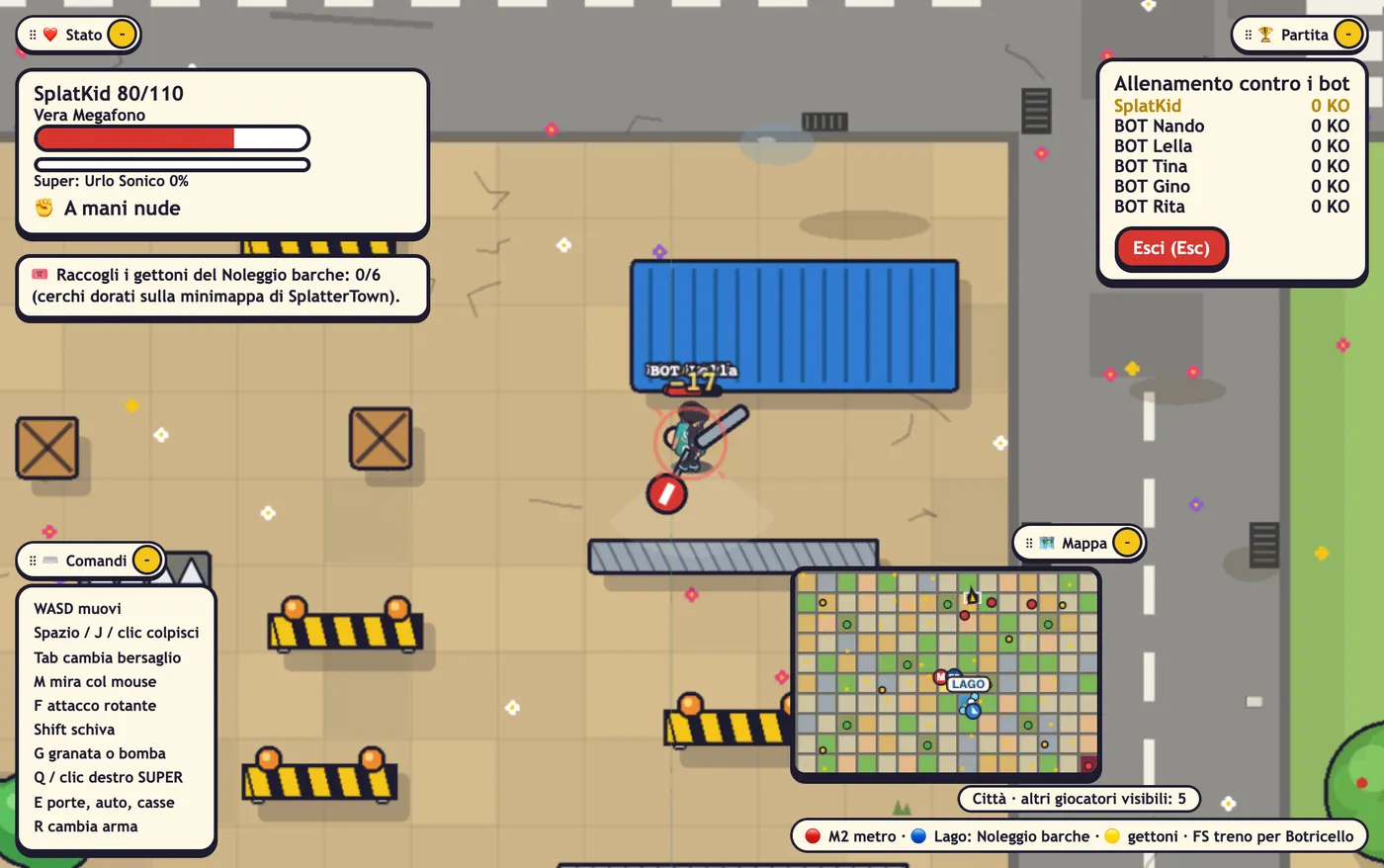 Una partita a SplatterTown: Vera Megafono contro i bot in mezzo alla città, con vita, punteggi e minimappa
